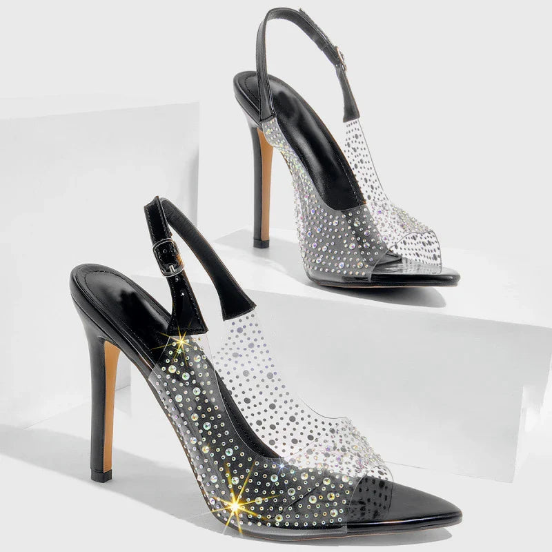 Rhinestone Thin Heeled Sandals Pointed Toe Transparent PVC Pumps Size 42 Elegant Party Backless Stripper Shoes