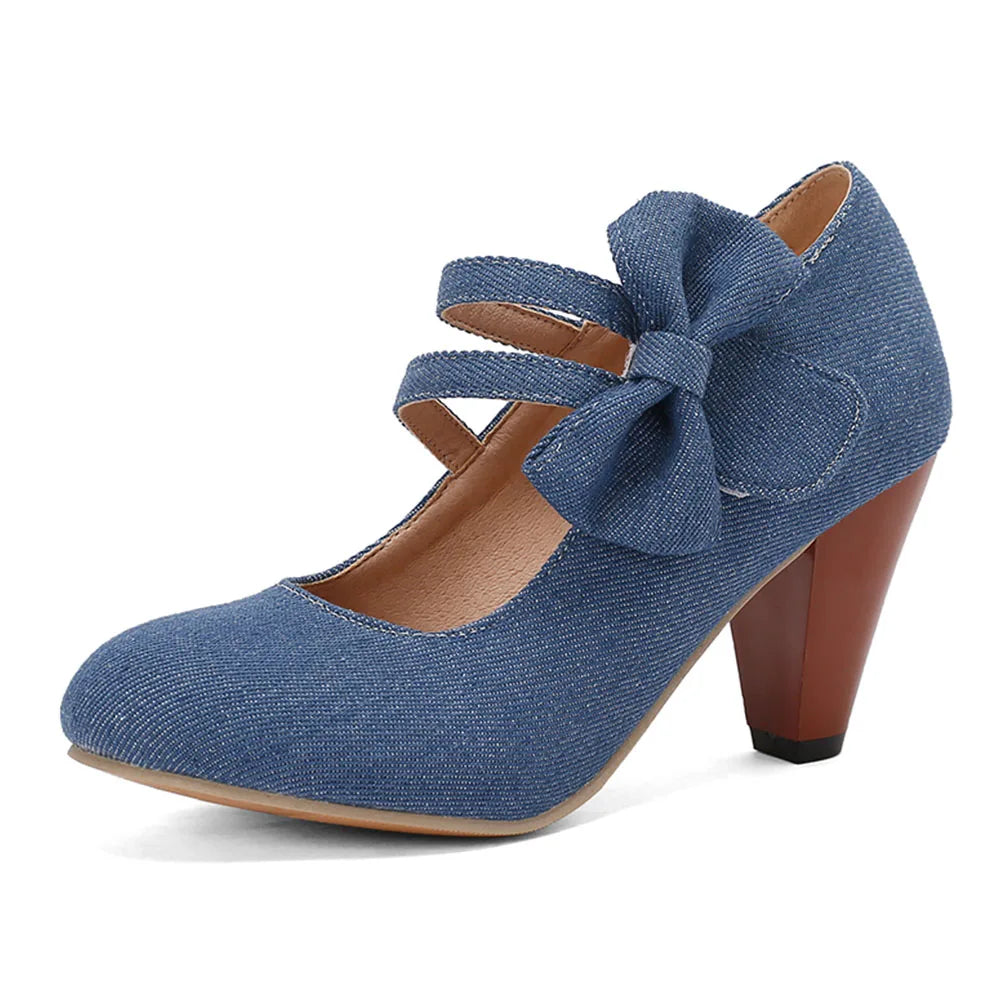 Plus Size 48 Brand Round Toe Chunky Heel Pumps Elegant Bow Buckle Solid Party Shoes
