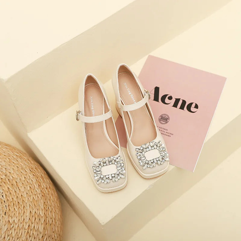 Shoes With Straps Sandals Brief Pumps Casual Heels Square Toe Buckle African Sweet Comfortable Crystal Brand