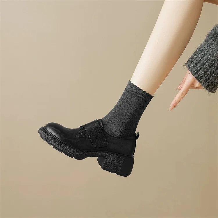 Round Toe Chunky Heels Loafers Casual Elegant Leather Slip On Mid Heels Shoes