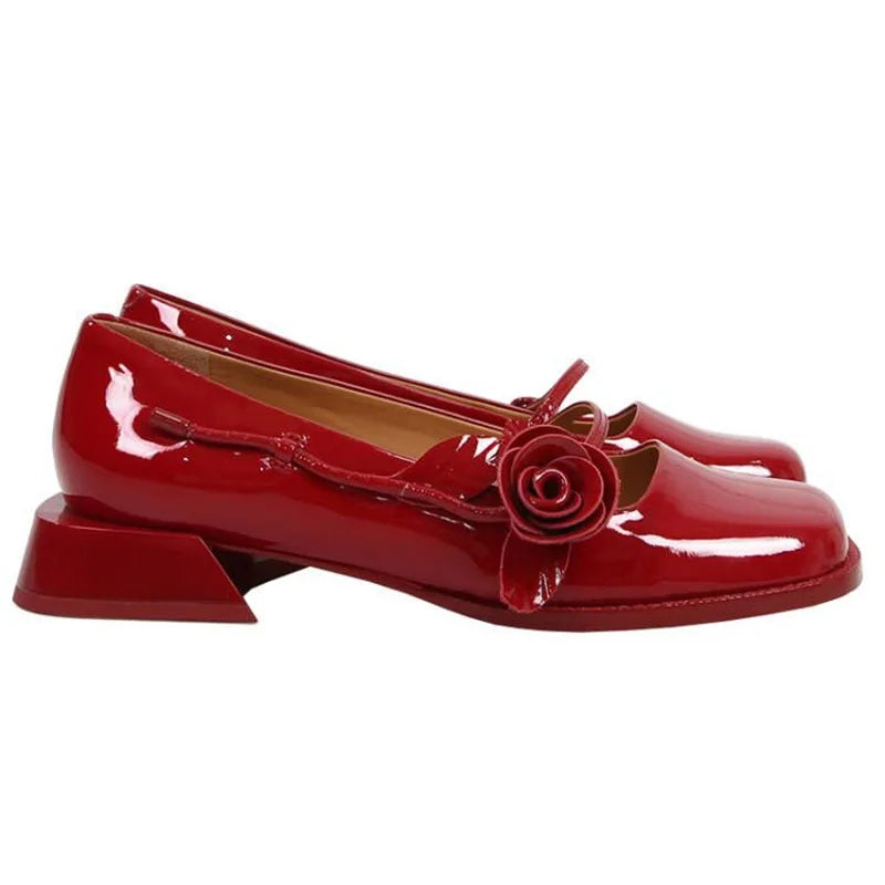 rose flower patent leather shoes woman brand sqaure toe pumps thick heel button strap mary janes talons hauts