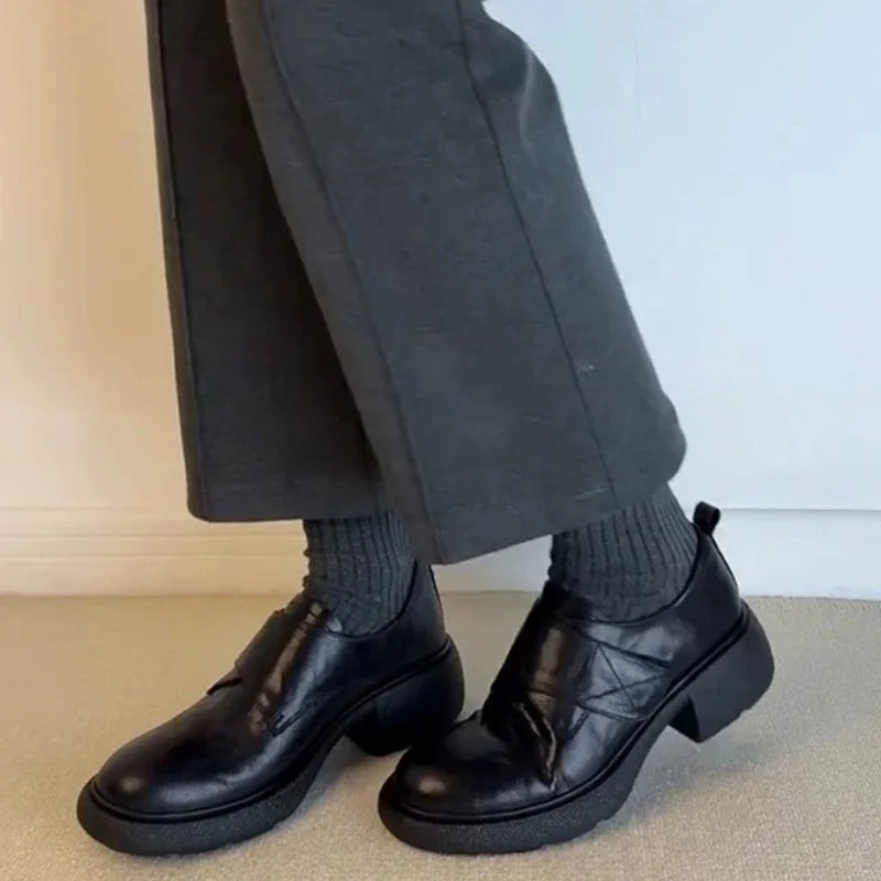 Round Toe Chunky Heels Loafers Casual Elegant Leather Slip On Mid Heels Shoes