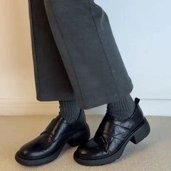 Round Toe Chunky Heels Loafers Casual Elegant Leather Slip On Mid Heels Shoes