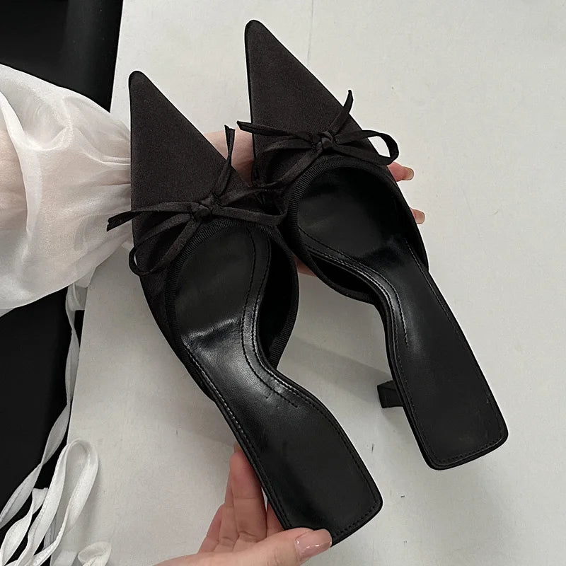 Butterfly-knot Slipper Pointed Toe Slip On Mules Thin Low Heel Zapatos Mujer