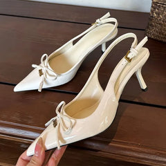 Bow Metal Buckle Design High Heels Pointed Toe Patent Leather Slingback Heeled Sandals Elegant Party Shoes
