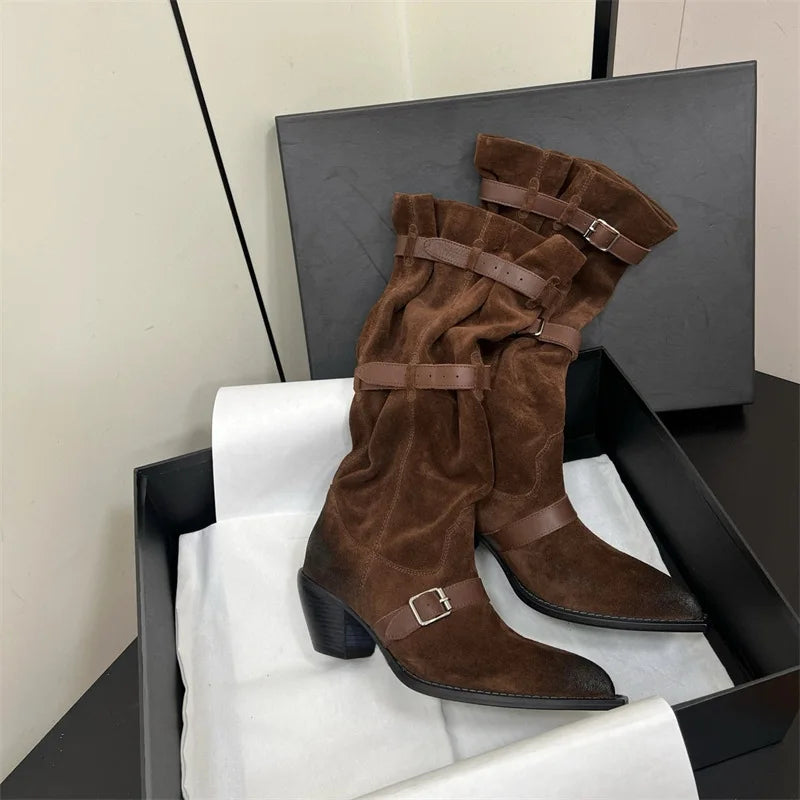 Vintage Pleated Belt Buckle Faux Suede Knee High Boots High heels Western Cowboy Knight Boots Shoes