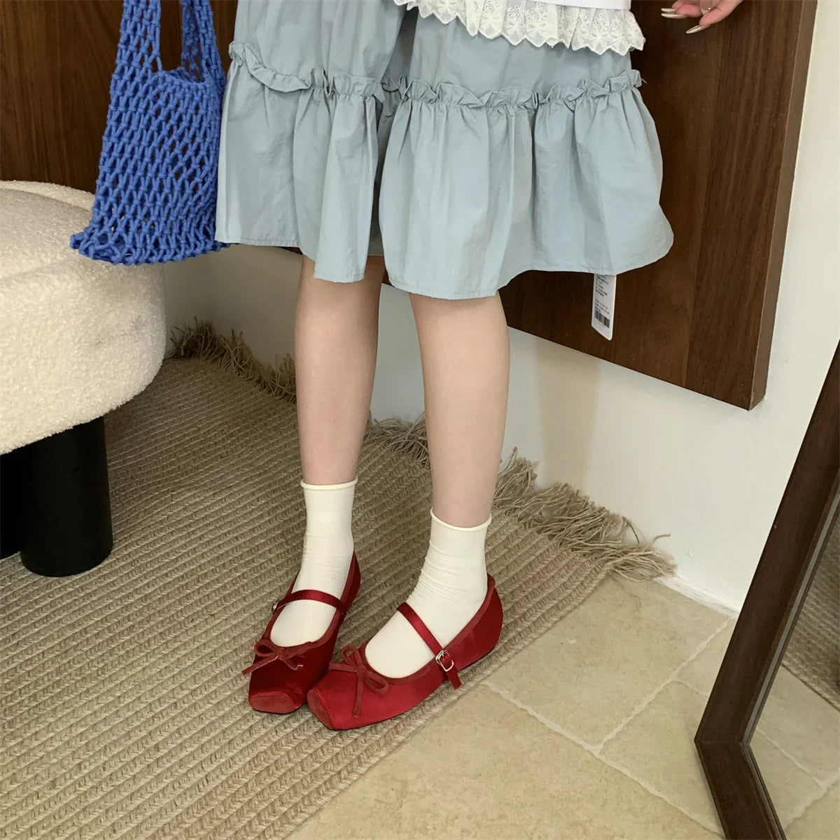 Woman Shallow Mouth Grandma Soft Bow-Knot Square Toe Elegant Ballet Dress Butterfly