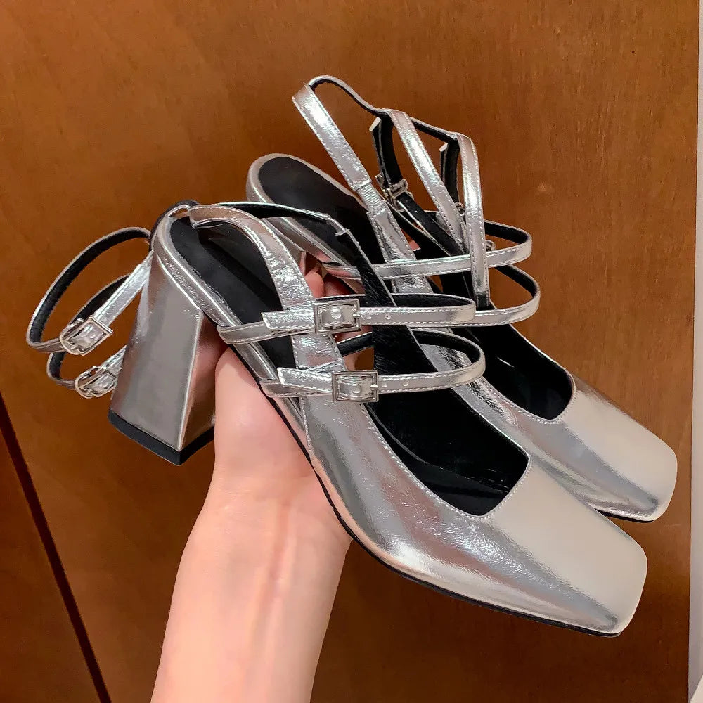 genuine leather ankle strap sandals square toe 8cm thick high heel pumps elegant