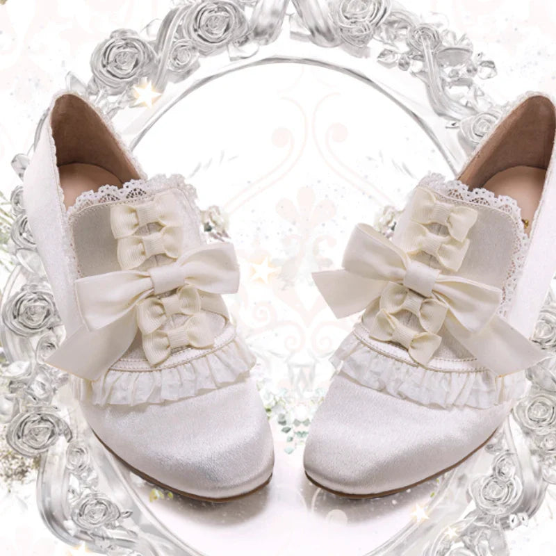 Lace Bow Pink Slip-On Cat Heel Pumps Woman Lolita White Lace Girl Cute Soft High Heels Shoes