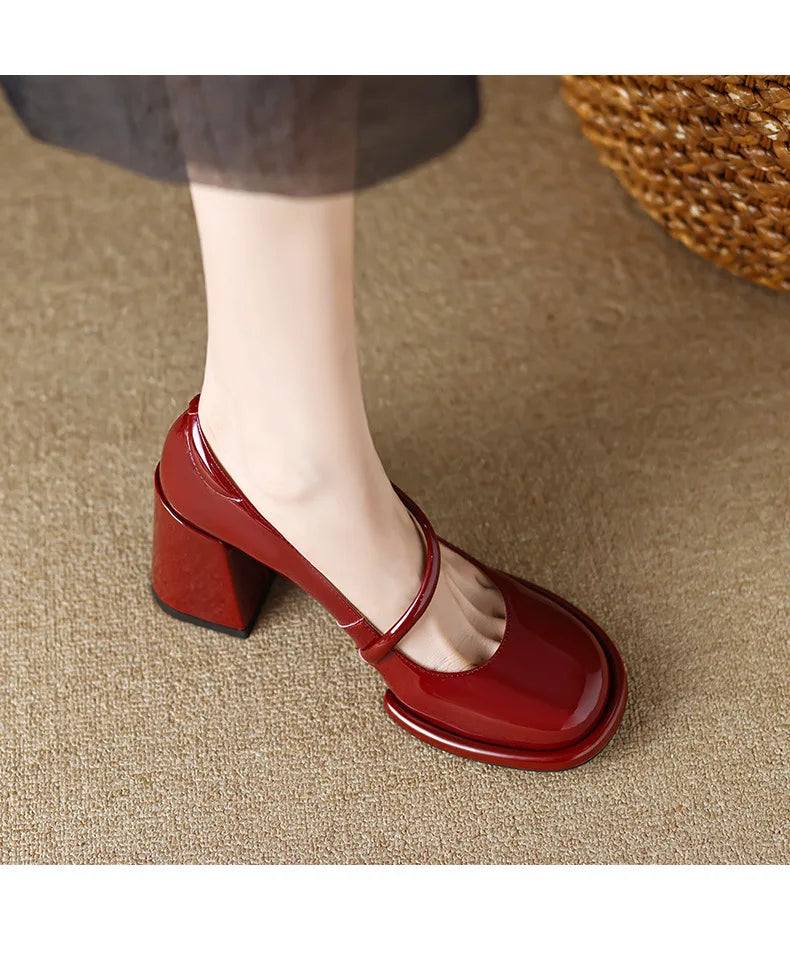 Mary Janes Shoes Vintage Pumps Patent Leather Shoes High Heels Black Shallow Boat Shoe Zapatos Mujer