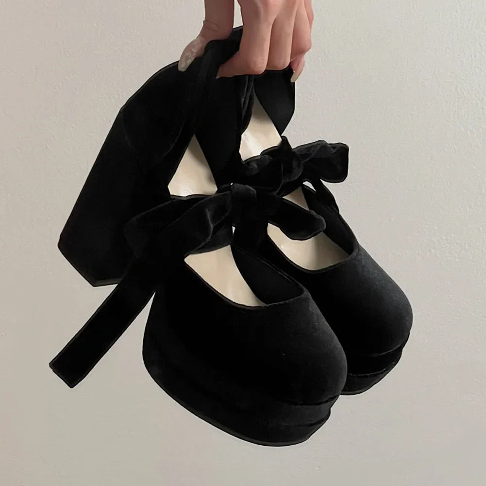 Pumps Double Platform Thick High Heels Velvet Ankle Strap Sweet Cute Pumps Lolita Pink Shoes
