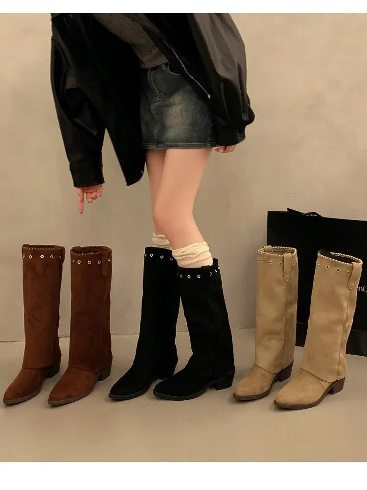 Vintage Thick Heel Western Cowboy Boots Button Combination Splicing Shoes Pipe Long Booties