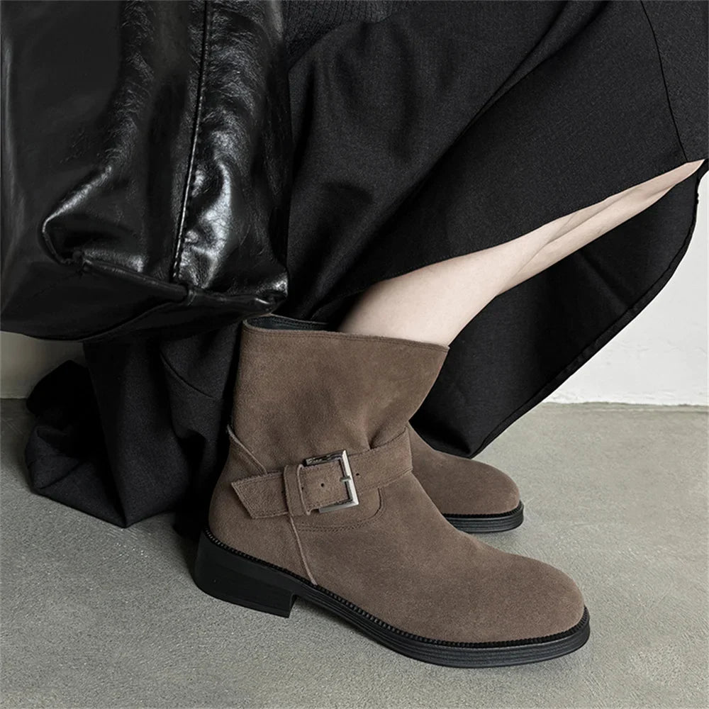 Ankle Boots Cow Suede Round Toe Motorcycle Boots Thick Low Heels Warm Shoes Buckles Boots