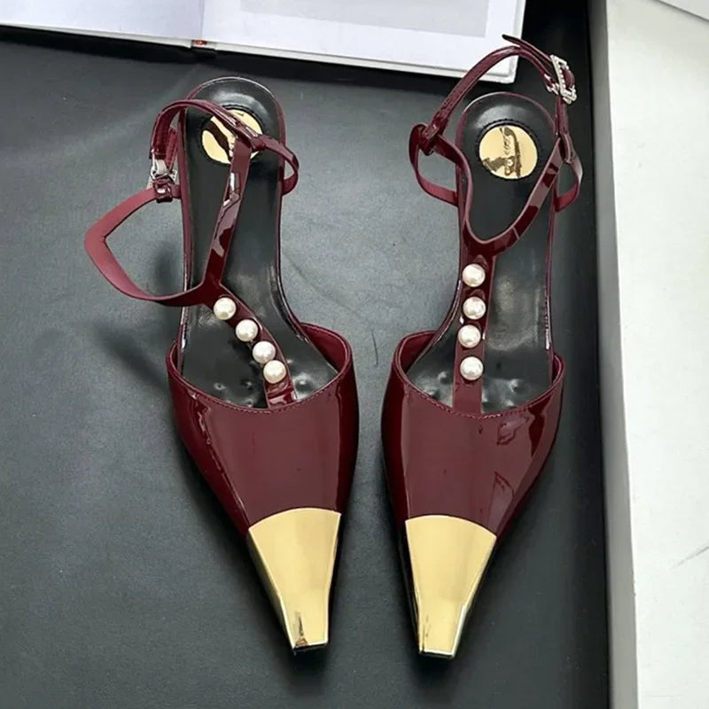 Metal Pointed Toe Stiletto Sandal Pearls Strap Buckle High Heels Party Prom Shoes