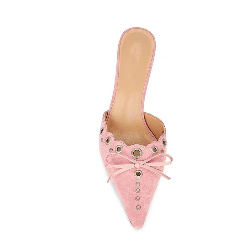 Suede Bow Cutout Pointed Toe Slippers Stiletto High Heels Metal Decorative Elegant Shallow Mules Shoes