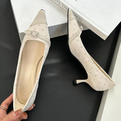 Pointed Toe Low Heel Shoes Belt Buckle Elegant Office Thin High Heels Shallow Pumps Zapatos De Mujer