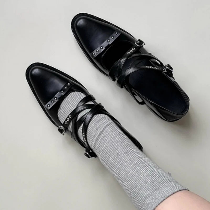 Roman Style Pointed Toe Shoes Mid Heels Rivet Single Shoes Elegant Versatile