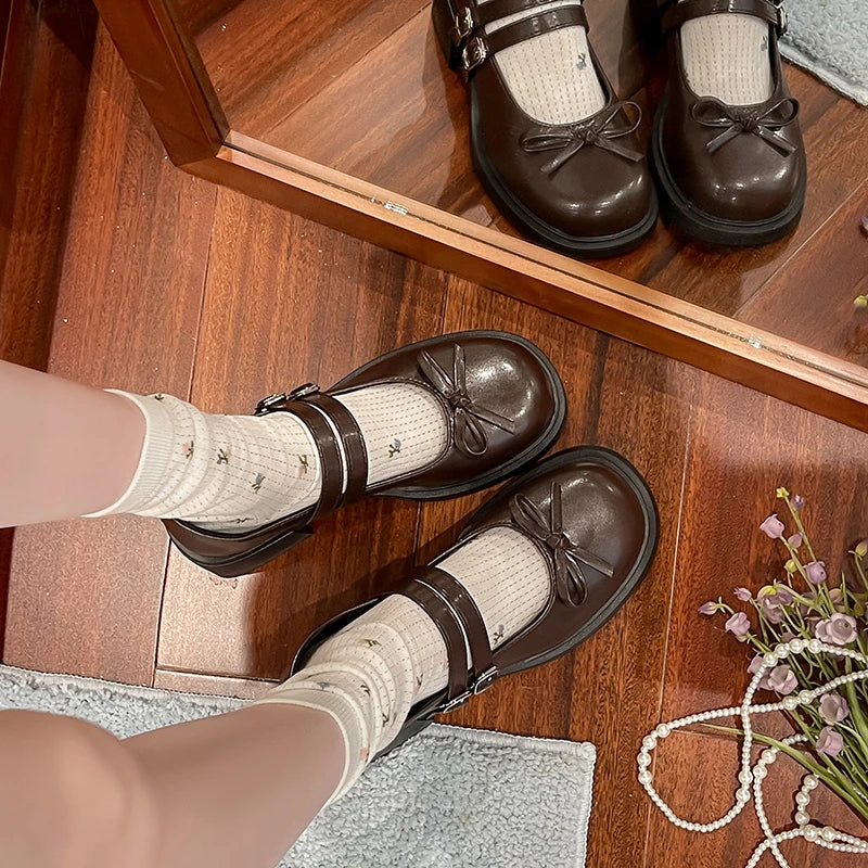 Dresses Mary Jane Shoes Elegant Causal Uniform Performance Shoes Lolita Bowknot Woman Low-heeled Shoes