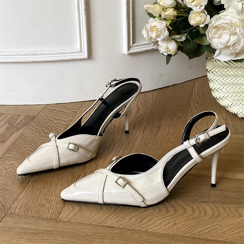 Street Style Buckle Strap Thin High Heels Pointed Toe Wedding Banquet Mule Shoes Zapatillas De Mujer