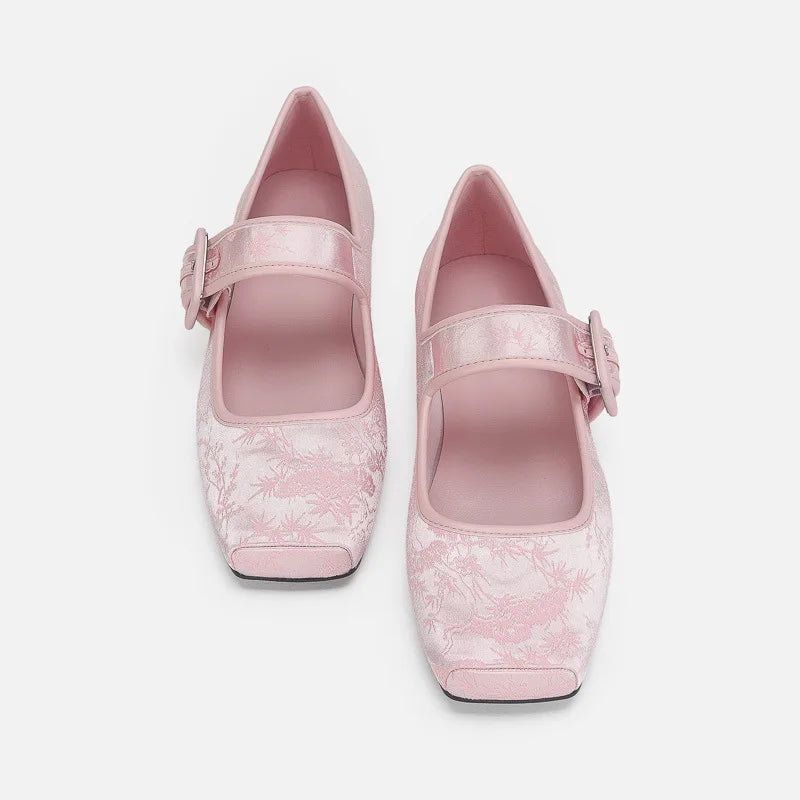 Silk Embroidery Ballerinas Woman Pig Toe Flats Shoes Belt Buckle Silky Mary Janes Wedding Brides Ballets Loafers