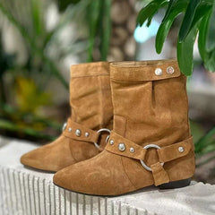 Brown Western Boots Metal Belt Rivet Buckle Casual Flat Shoes Ankle Booties Zapatos De Mujer