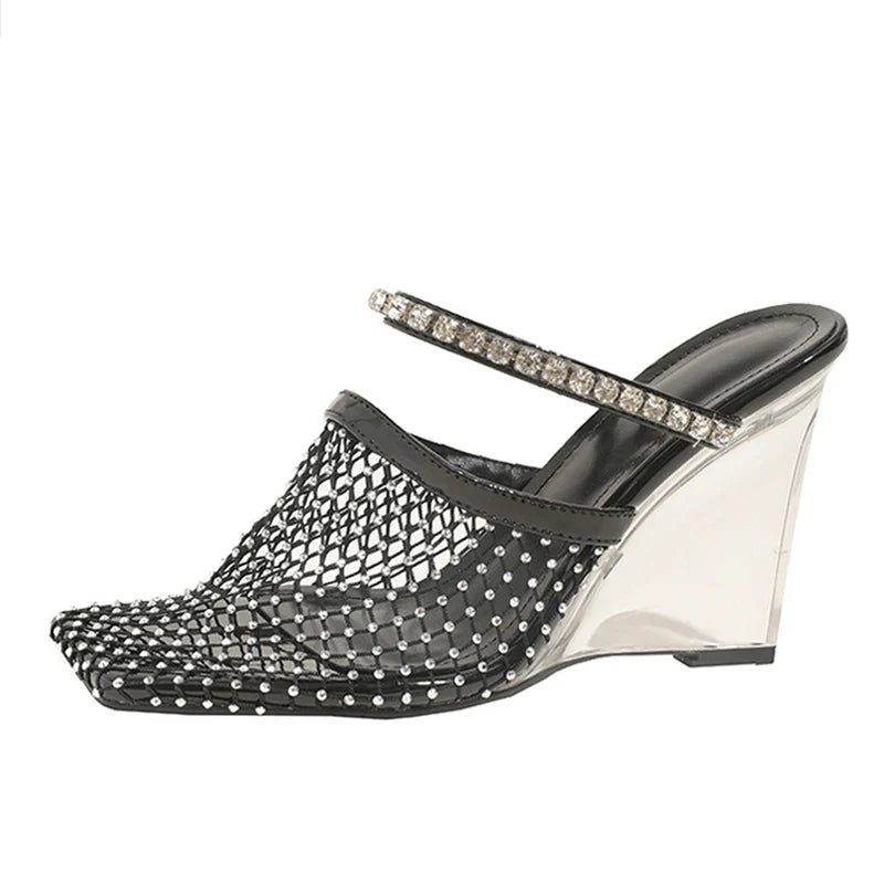 Sandals Rhinestone Mesh High Heels Footwear Elegant Square Toe Transparent Wedges Slippers