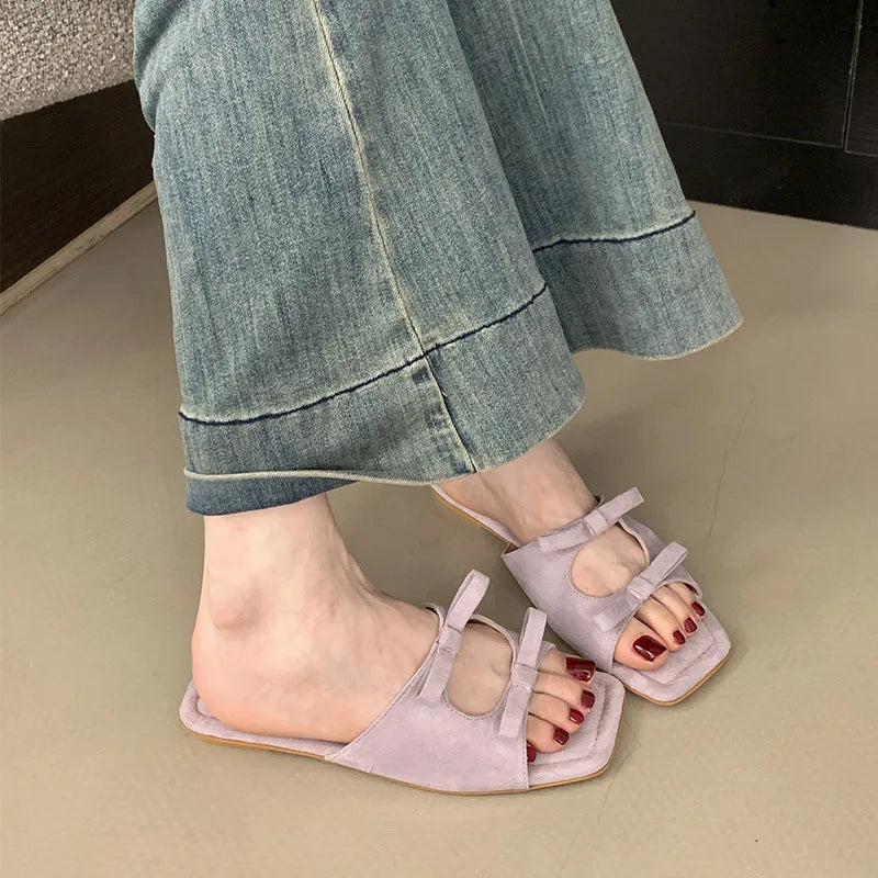 Butterfly-Knot Flats Slippers Shoes Square Toe Beach Slides Sandals Shoes