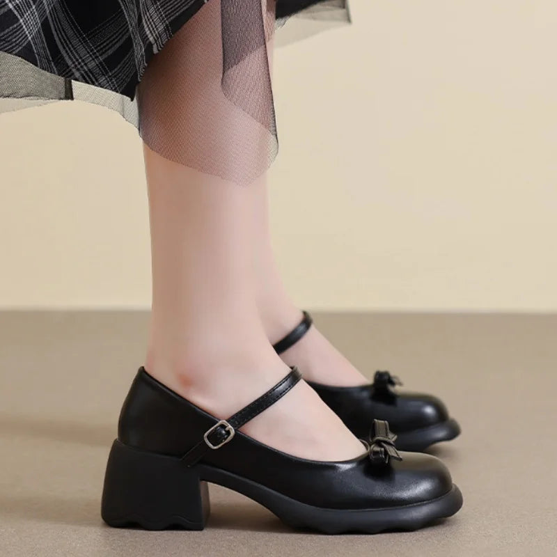 Style Mary Janes Shoes Elegant Chunky Platform High Heels Shoes Bow Ankle Buckle Party Shoes