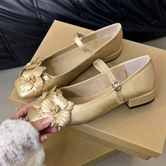 Chunky Heel Flower Mary Jane Shoes Fashions Low Heels Shoes Square Toe Elegant Ballet Shoe Pumps