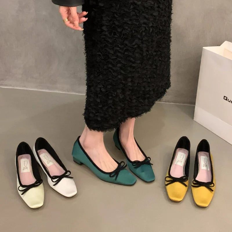 Satin Round Toe Bowknots Flat Shoes Vintage Brand Designe Open Heel Sweet Party Dress Square Heel Loafers