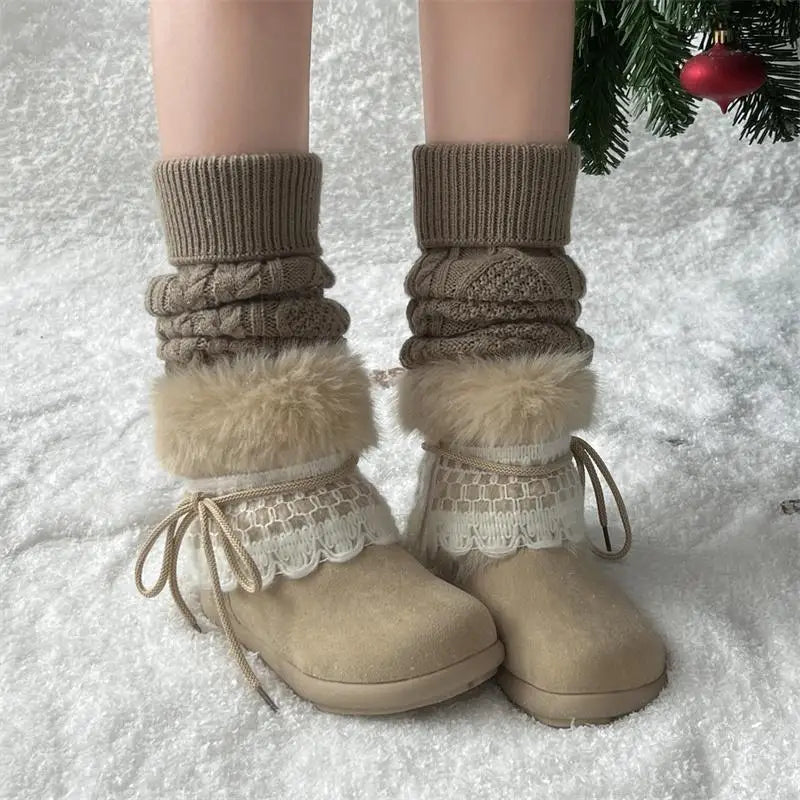 Sweet Lace Decoration Furry Suede Snow Boots Thick Bottom Fluffy Fur Ankle Boots Warm Plush Shoes