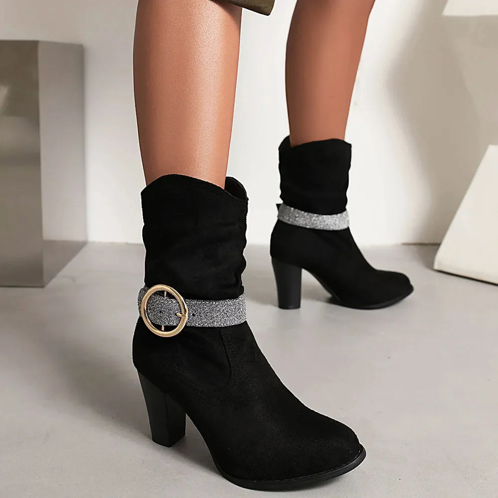 Pointed Toe Square Root Mid-Calf Boots Shiny Buckle Party Shoes Woman