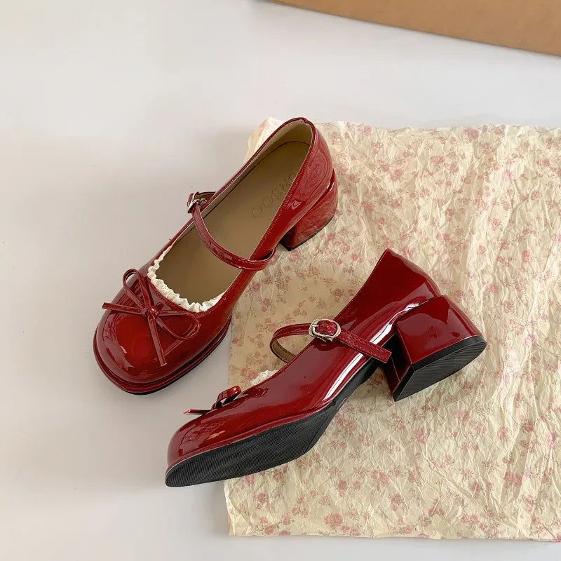Thick Heel Mary Jane Shoes Concise Butterfly-knot Single Shoes Elegant Dress Leather Pumps
