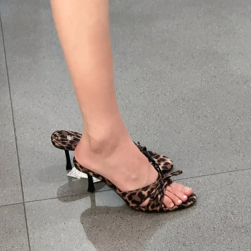 Summers Leopard Slippers Shoes Casual Street Style Open Toe High Heel Slides