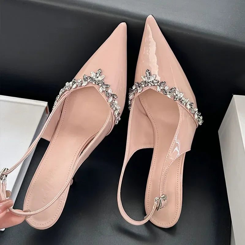 Crystal Pointed Toe High Heels Elegant Party Brand Slingbacks Sandals