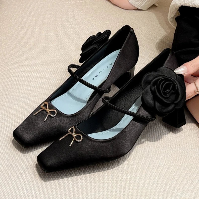 Novelty Side Flower Design Chunky Heel Pumps Elegant Bow Decoration Square Toe High Heels Black Mary Jane Shoes