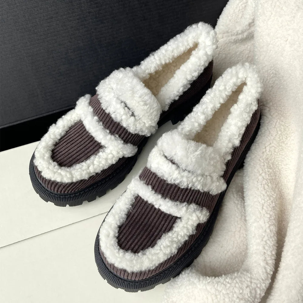 Thick Heels Round Toe Warm Shoes Woman Loafers Casual Office Lady Working Arrival
