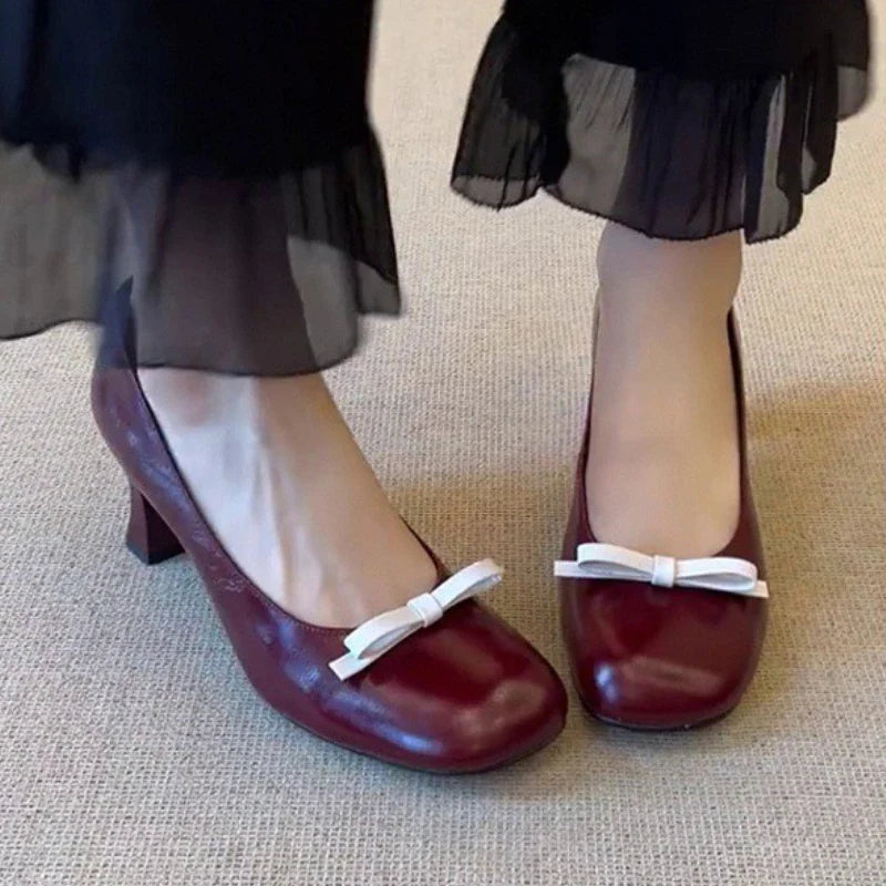 Retro Bowknot High Heeled Mary Jane Shallow Comfort Round Toe Elegant Office Shoes Talons Femme