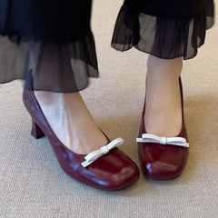 Retro Bowknot High Heeled Mary Jane Shallow Comfort Round Toe Elegant Office Shoes Talons Femme
