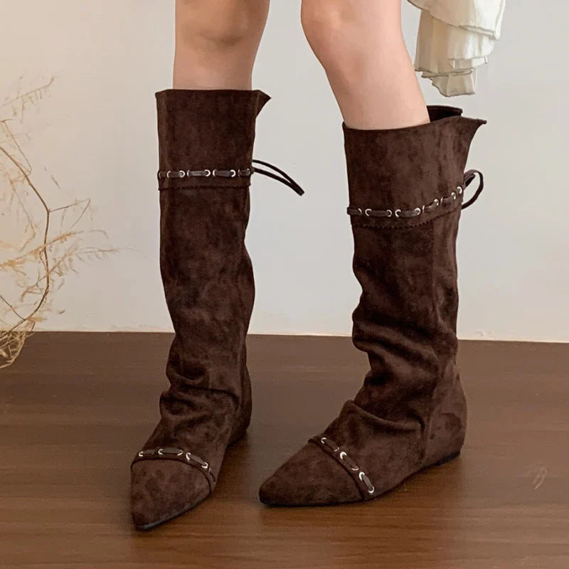 Knee High Boots Pointed Toe Flats Shoes Suede Chelsea Boots Walking Mujer Botas