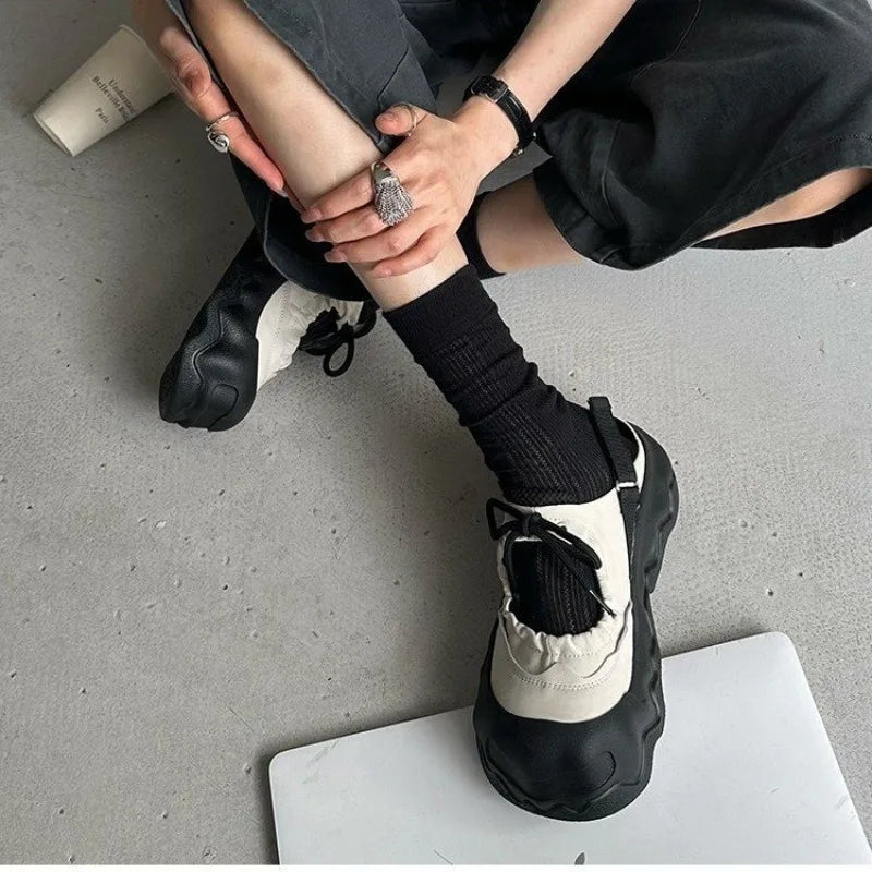Street Explosion 5CM Mary Jane Sandals Wave Thick Bottom Lace Hollow Big Head Bread Shoes