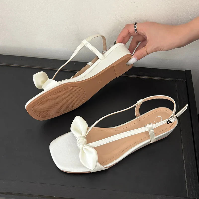 Elegant Low Heel Sandals Wedges Shoes Buckle Footwear Butterfly-Knot Heeled Sandals
