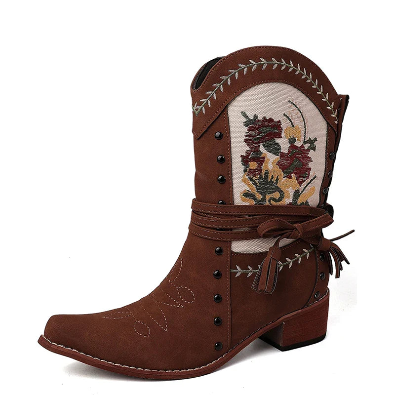 Vintage Ethnic Style Embroidery Woman Ankle Boots Shoes Elegant Thick Heel Western Cowboy Botas