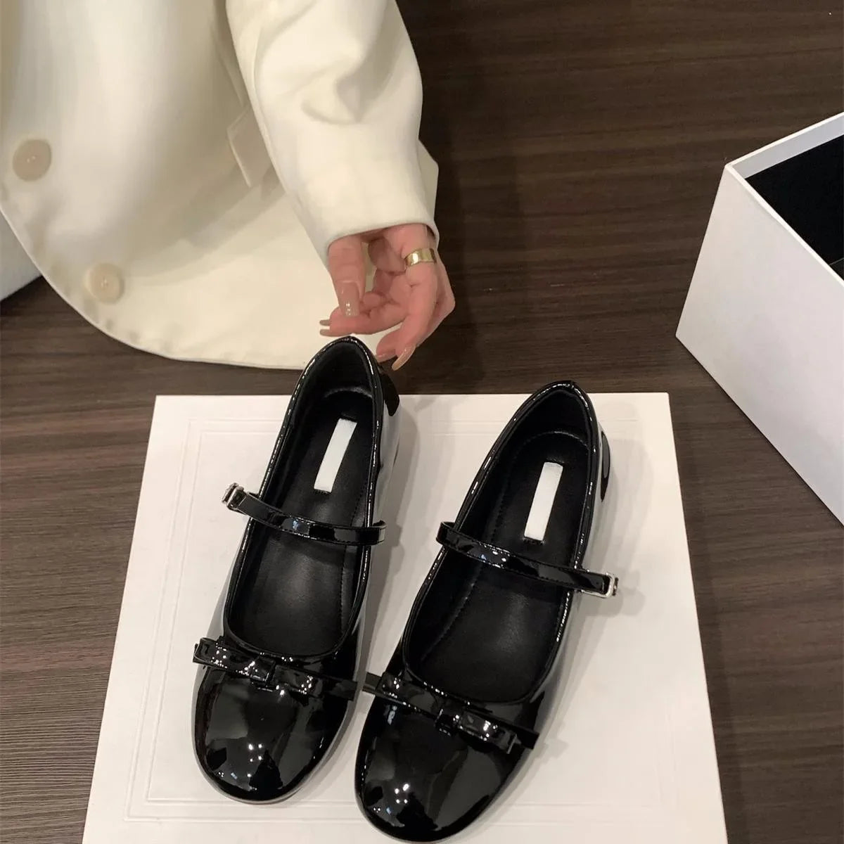 bouble bowtie flats japanned leather ballerina shoes height increasing bowknot ankle strap loafers slip on wedges
