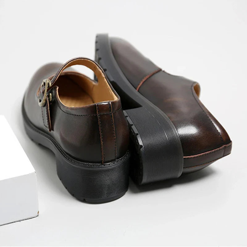 Small Leather Shoes Round Toe High-heeled Retro Leather British College Style Shoes Mary Jane Shoes
