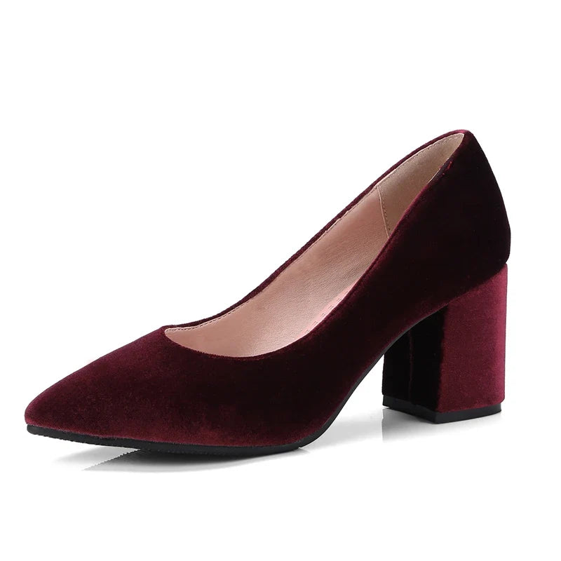 Velvet Mary Jane Shoes Pearls Buckle High-heeled Velour Green Burgundy Pumps Office Banquet Party 33-43