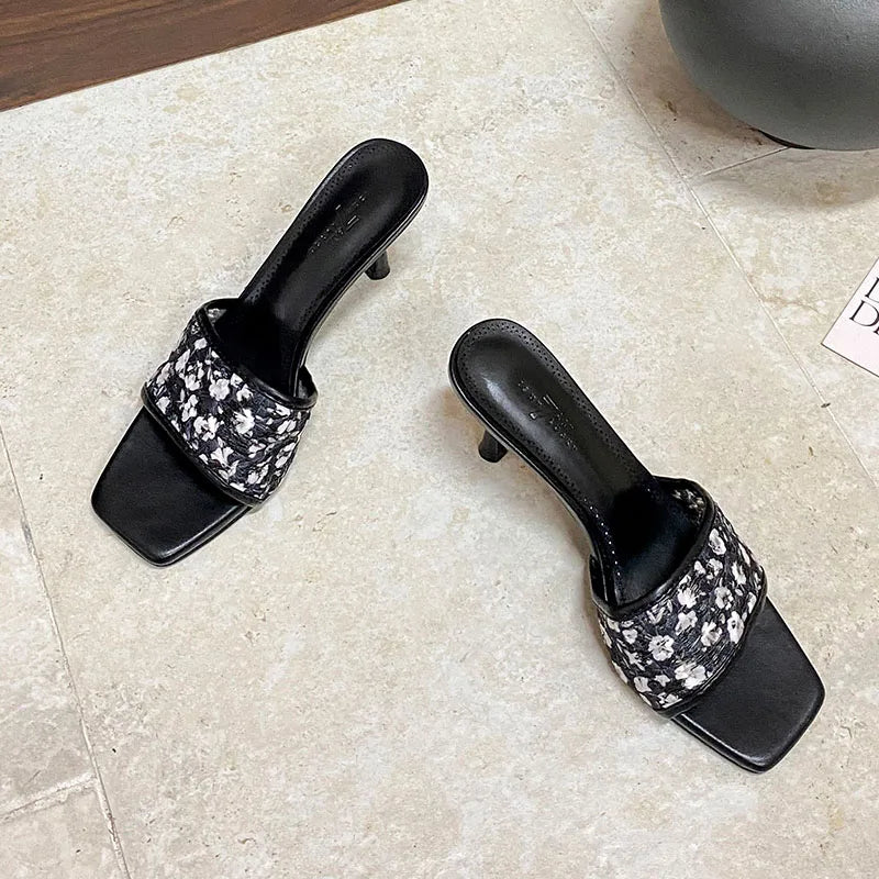 Flower Thin Heels Slides Sandals Shoes Square Toe High Heels Shoes Slip On Sandals Pumps