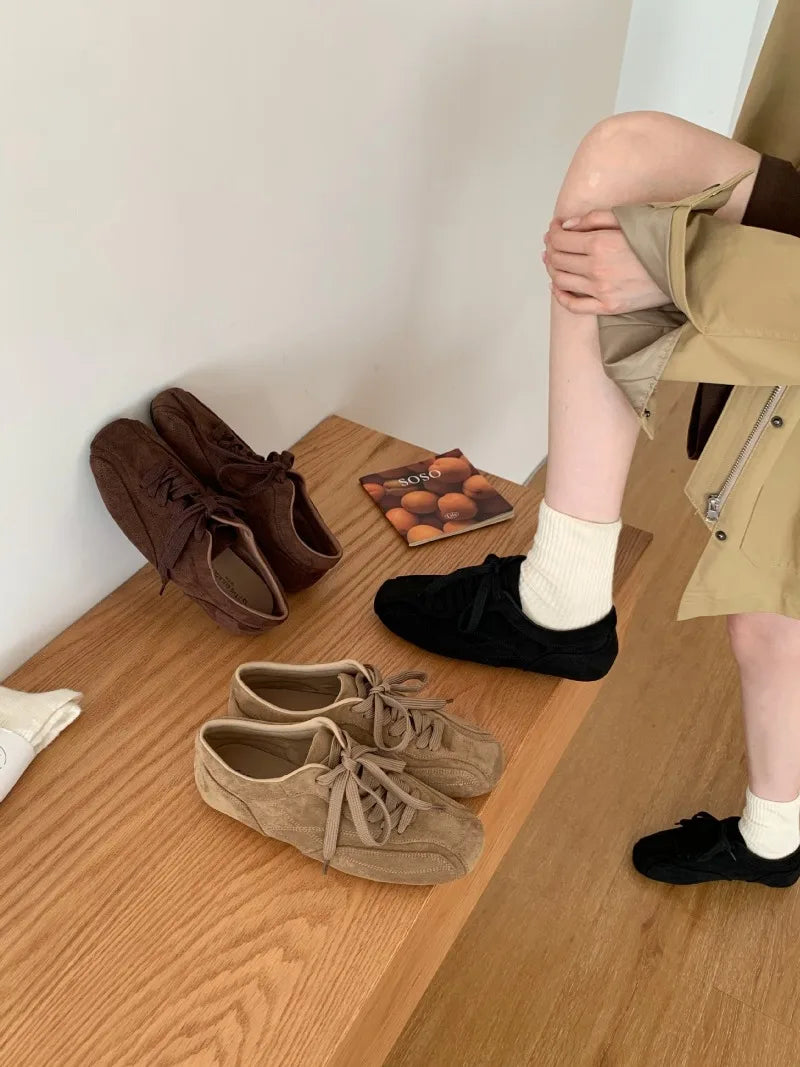 Suede Retro Lace Up Casual Flat Shoes Comfort Shallow Footwear Brown Brand Ballet Sneakers