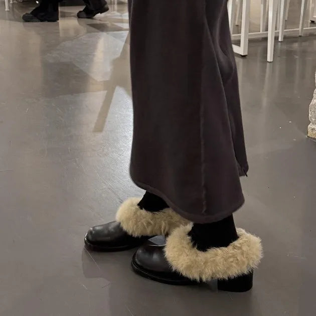 Square Toe Thick Heel Hairy Loafers Leather Korean Version Versatile Small Leather Shoes Cotton Shoes
