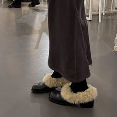 Square Toe Thick Heel Hairy Loafers Leather Korean Version Versatile Small Leather Shoes Cotton Shoes